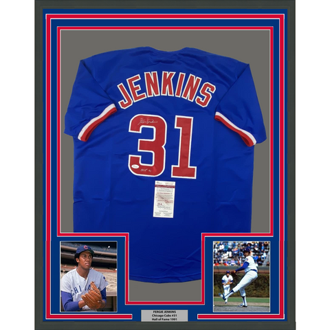 FRAMED Autographed/Signed FERGIE JENKINS 33x42 HOF 91 Blue Jersey JSA COA