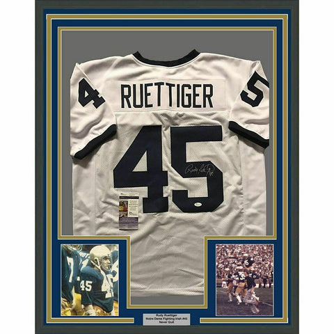 Framed Autographed/Signed Rudy Ruettiger 33x42 Notre Dame White Jersey JSA COA