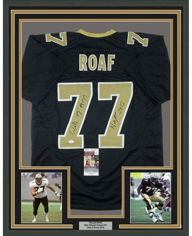 Framed Autographed/Signed Willie Roaf 35x39 New Orleans Black Jersey JSA COA