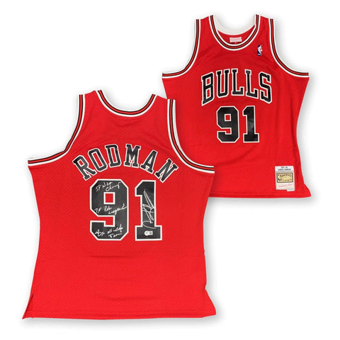 Dennis Rodman Autographed Chicago Bulls Mitchell Ness Jersey Beckett COA 3 INSC