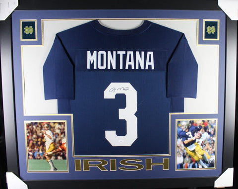 JOE MONTANA (Notre Dame navy SKYLINE) Signed Autographed Framed Jersey JSA