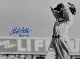 Bob Feller Signed Cleveland Indians 8x10 HOF B&W Pitching Photo- MLB Auth*Blue