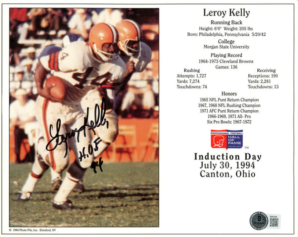 Leroy Kelly Autographed Cleveland Browns 8x10 Photo HOF Beckett 45543