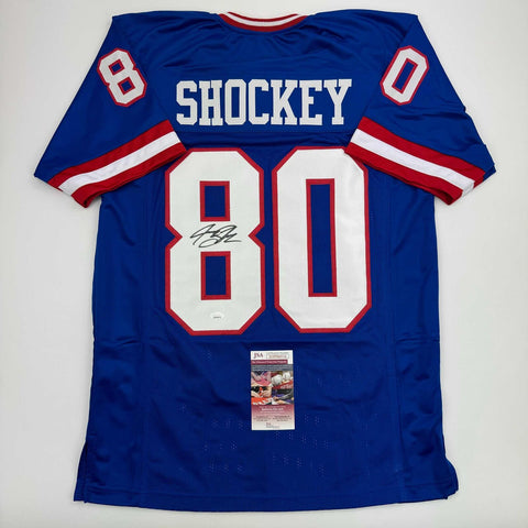 Autographed/Signed Jeremy Shockey New York Blue Football Jersey JSA COA #2