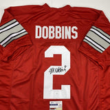 Autographed/Signed JK J.K. DOBBINS Ohio State Red College Jersey JSA COA Auto