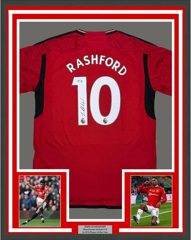 Framed Autographed/Signed Marcus Rashford 35x39 ManU Red Jersey Beckett BAS COA