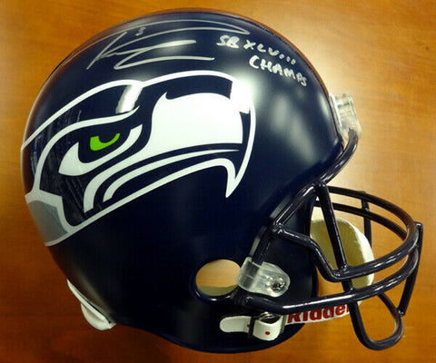 RUSSELL WILSON AUTO SEAHAWKS FULL SIZE HELMET SB CHAMPS IN SILVER RW HOLO 72373