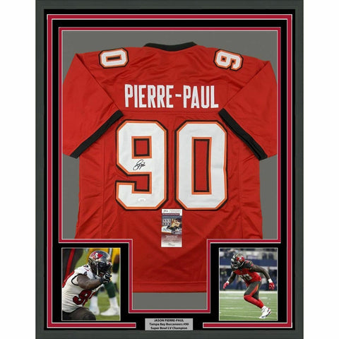 FRAMED Autographed/Signed JASON PIERRE-PAUL 33x42 Red Football Jersey JSA COA