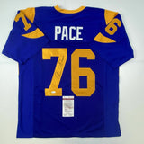 Autographed/Signed ORLANDO PACE HOF 16 St. Louis Blue Football Jersey JSA COA