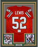 Framed Autographed/Signed Ray Lewis 35x39 Miami Orange Jersey Beckett BAS COA