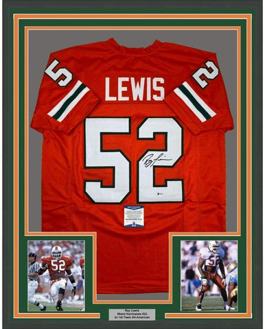 Framed Autographed/Signed Ray Lewis 35x39 Miami Orange Jersey Beckett BAS COA