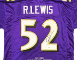 RAVENS RAY LEWIS AUTOGRAPHED SIGNED PURPLE FOOTBALL JERSEY WITH STATS JSA 228090