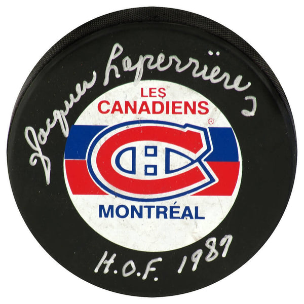 Jacques Laperriere Signed Canadiens Logo Hockey Puck w/HOF 1987 - (SCHWARTZ COA)