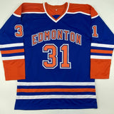 Autographed/Signed GRANT FUHR Edmonton Blue Hockey Jersey Beckett BAS COA Auto