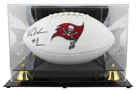 Buccaneers Rachaad White Signed White Panel Logo Football W/ Case BAS Witnessed