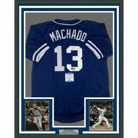 FRAMED Autographed/Signed MANNY MACHADO 33x42 San Diego Blue Jersey Beckett COA