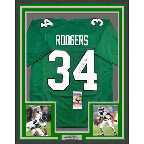 Framed Autographed/Signed Isaiah Rodgers 35x39 Philadelphia Green Jersey JSA COA