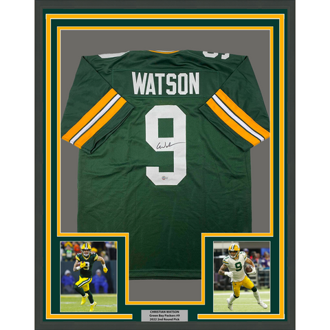 Framed Autographed/Signed Christian Watson 33x42 Green Football Jersey BAS COA