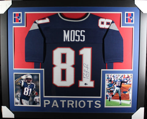 RANDY MOSS (Patriots blue SKYLINE) Signed Autographed Framed Jersey Beckett