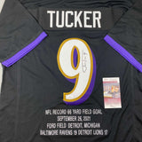 Autographed/Signed Justin Tucker 66 Yd GW FG Stat Baltimore Black Jersey JSA COA