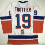 Autographed/Signed BRYAN TROTTIER HOF 97 New York White Hockey Jersey JSA COA