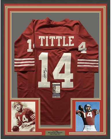 Framed Autographed/Signed YA Y.A. Tittle HOF 33x42 San Fran Red Jersey JSA COA