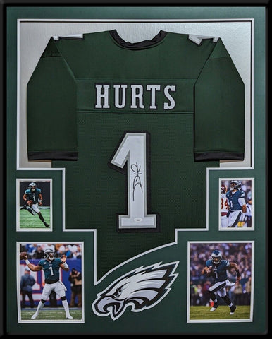 FRAMED PHILADELPHIA EAGLES JALEN HURTS AUTOGRAPHED SIGNED #1 JERSEY JSA COA