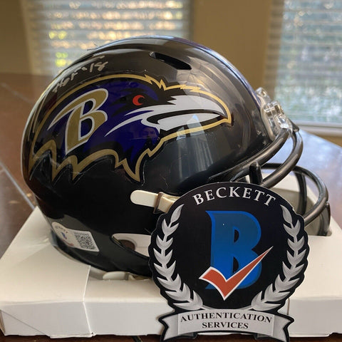 RAY LEWIS SIGNED AUTOGRAPHED BALTIMORE RAVENS MINI HELMET W/ HOF 18 BECKETT