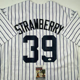 Autographed/Signed DARRYL STRAWBERRY New York Pinstripe Baseball Jersey JSA COA