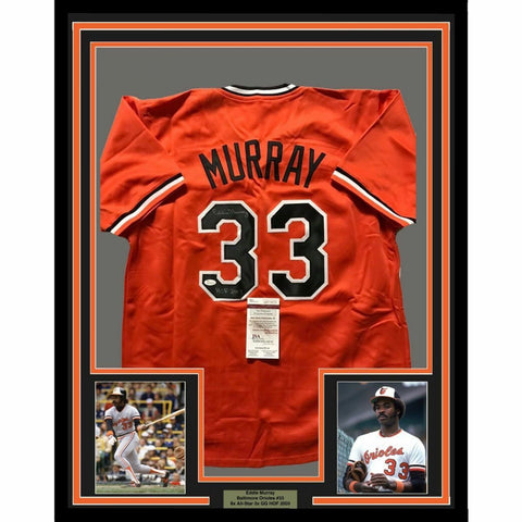 FRAMED Autographed/Signed EDDIE MURRAY 33x42 Baltimore Orange Jersey JSA COA