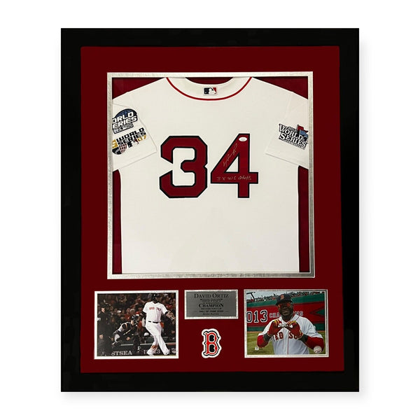 David Ortiz Signed Autographed Jersey 3X WS Champs Inscribed Framed To 32x40 JSA