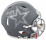 Cowboys Staubach & Dorsett Signed Slate F/S Speed Proline Helmet W/ Case BAS Wit