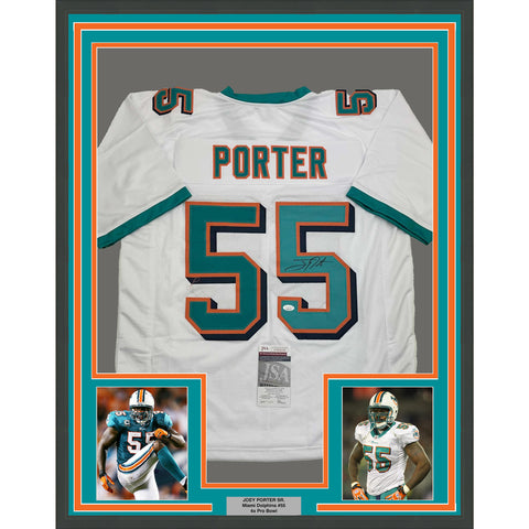 Framed Autographed/Signed Joey Porter Sr. 35x39 Miami White Jersey JSA COA