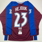 Autographed/Signed Milan Hejduk Colorado Maroon Hockey Jersey JSA COA