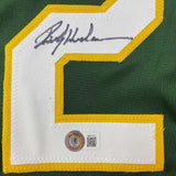 Autographed/Signed Rickey Henderson Oakland Green Jersey Beckett BAS COA