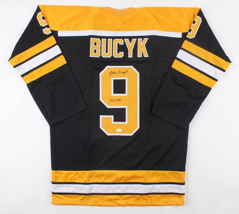 Johnny Bucyk Signed Boston Bruins Black Jersey Inscribed "H.O.F. 1981" (JSA COA)