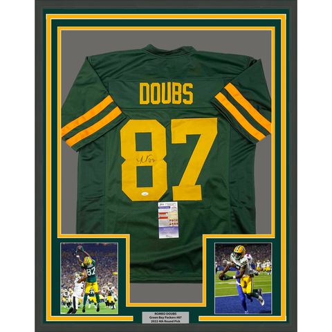 Framed Autographed/Signed Romeo Doubs 33x42 Color Rush Green Jersey JSA COA