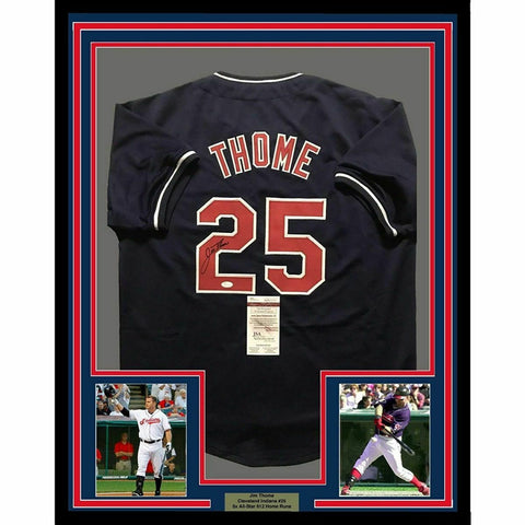 FRAMED Autographed/Signed JIM THOME 33x42 Cleveland Blue Jersey JSA COA Auto