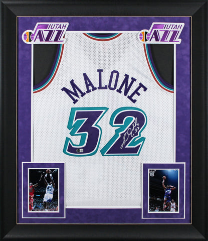 Jazz Karl Malone Signed 1996-97 White M&N HWC Swingman Framed Jersey BAS Wit