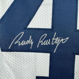 Autographed/Signed Rudy Ruettiger Notre Dame White College Jersey JSA COA