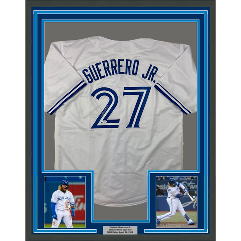 Framed Autographed/Signed Vladimir Vlad Guerrero Jr. 33x42 White Jersey JSA COA