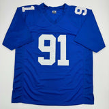 Autographed/Signed Justin Tuck New York Blue Football Jersey JSA COA