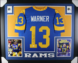 Kurt Warner Autographed/Signed Pro Style Framed Blue XL Jersey Beckett 36197