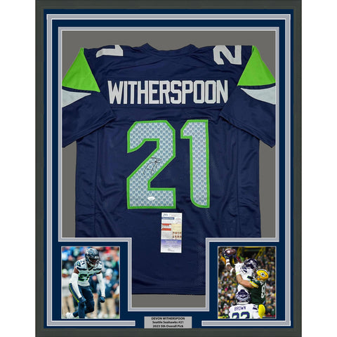 Framed Autographed/Signed Devon Witherspoon 35x39 Seattle Blue Jersey JSA COA