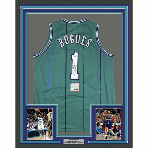 FRAMED Autographed/Signed MUGGSY BOGUES 33x42 Charlotte Teal Jersey PSA/DNA COA