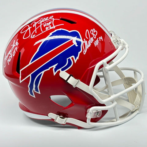 JIM KELLY THURMAN THOMAS ANDRE REED AUTOGRAPHED SIGNED RED BILLS REP HELMET BAS