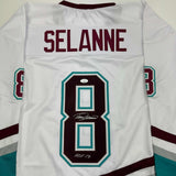 Autographed/Signed Teemu Selanne HOF Anaheim White Retro Hockey Jersey JSA COA