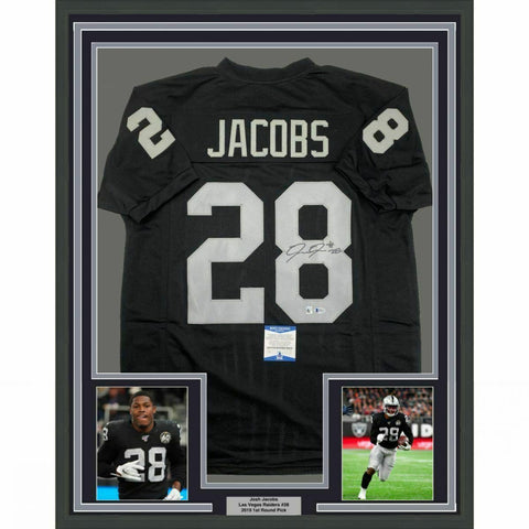 FRAMED Autographed/Signed JOSH JACOBS 33x42 Las Vegas Black Jersey Beckett COA