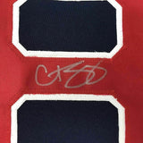 FRAMED Autographed/Signed CURT SCHILLING 33x42 Boston Blue Jersey JSA COA Auto