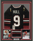 Framed Autographed/Signed Bobby Hull HOF 1983 33x42 Chicago Black Jersey JSA COA